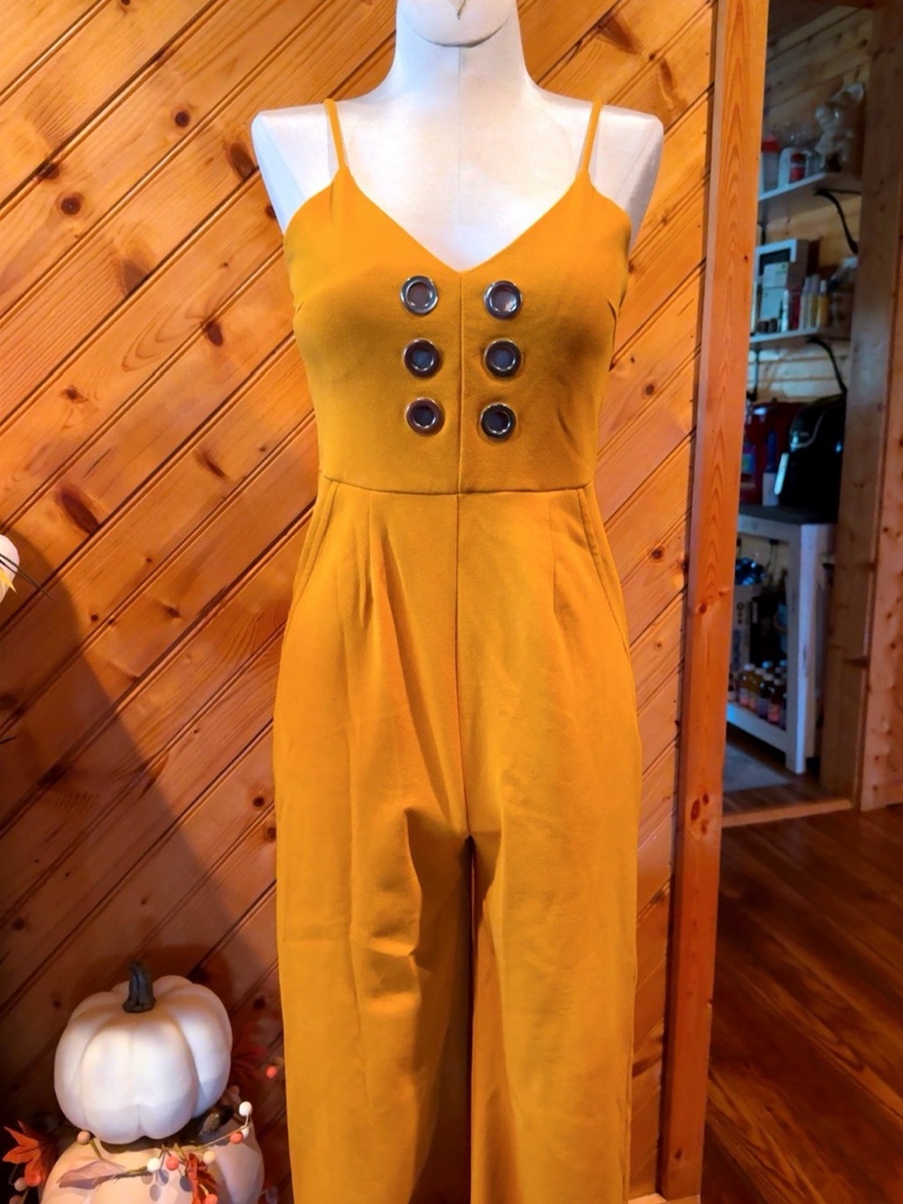 Mustard Yellow Grommet Wide Leg Jumpsuit Pockets Size XS/S